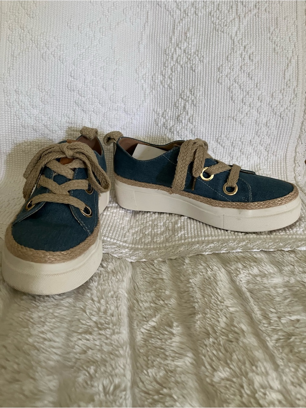 Casual Platform Canvas Sneakers in Blue Jean Color with Rope Trim